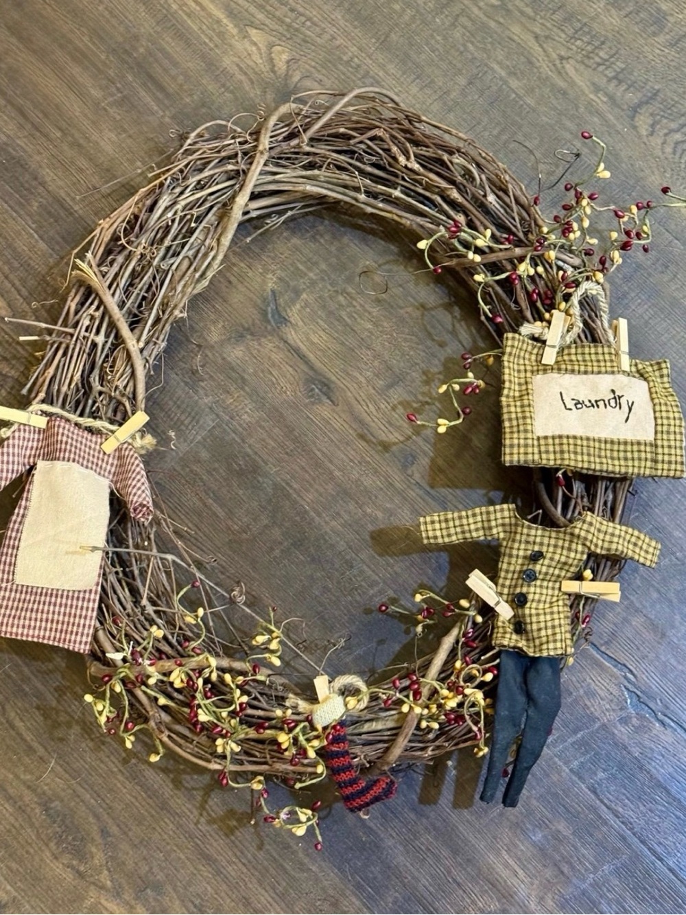 Rustic Grapevine Holiday Wreath with Yellow Plaid Accents laundry room